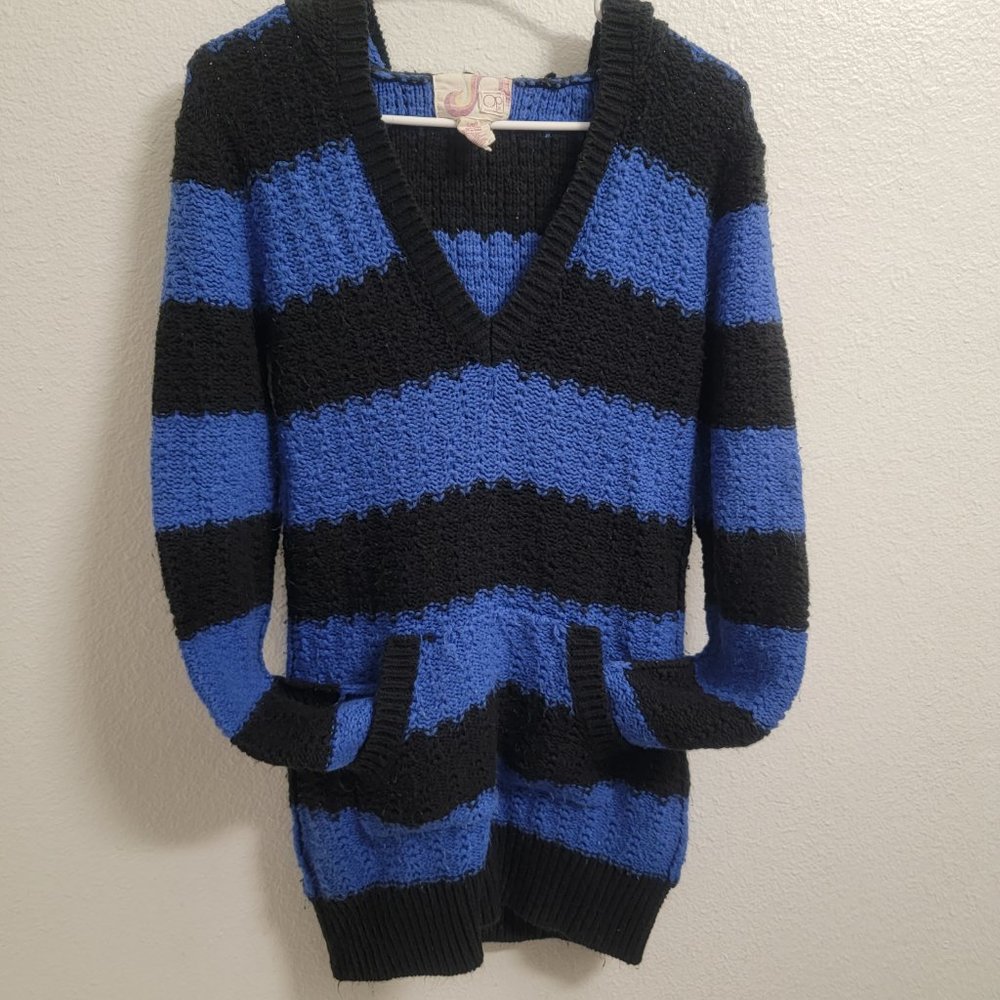 Op Black & Blue Striped Sweater Hoodie Pull Over Knitted Crochet